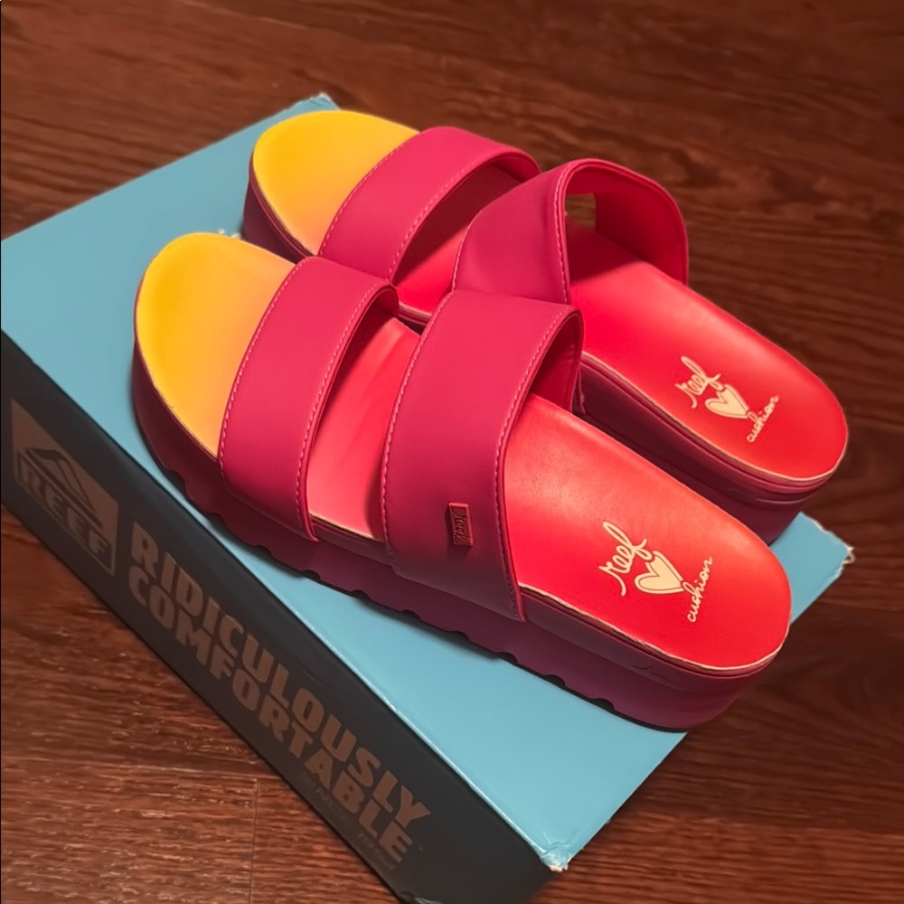 Reefs Pink and Yellow Slide Sandals